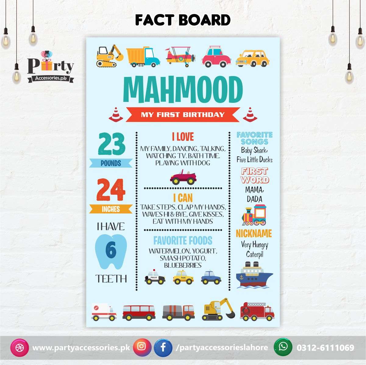 Customized Transport theme first birthday Fact board / Milestone Board in Blue