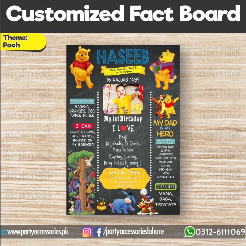 Customized Pooh theme first birthday Fact board / Milestone Board