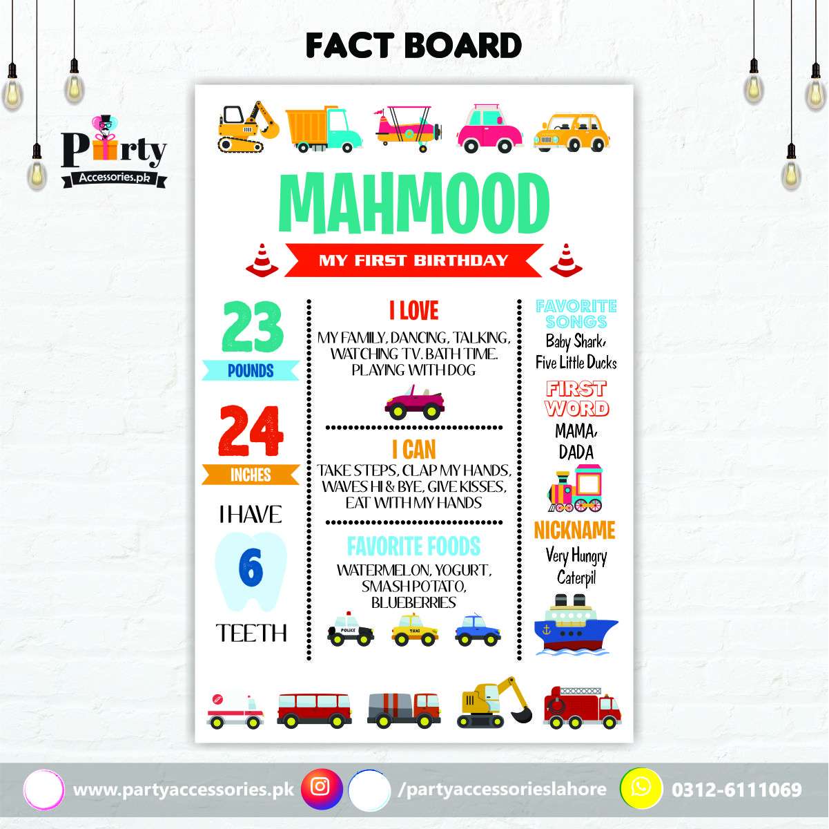 Customized Transport theme first birthday Fact board / Milestone Board in White