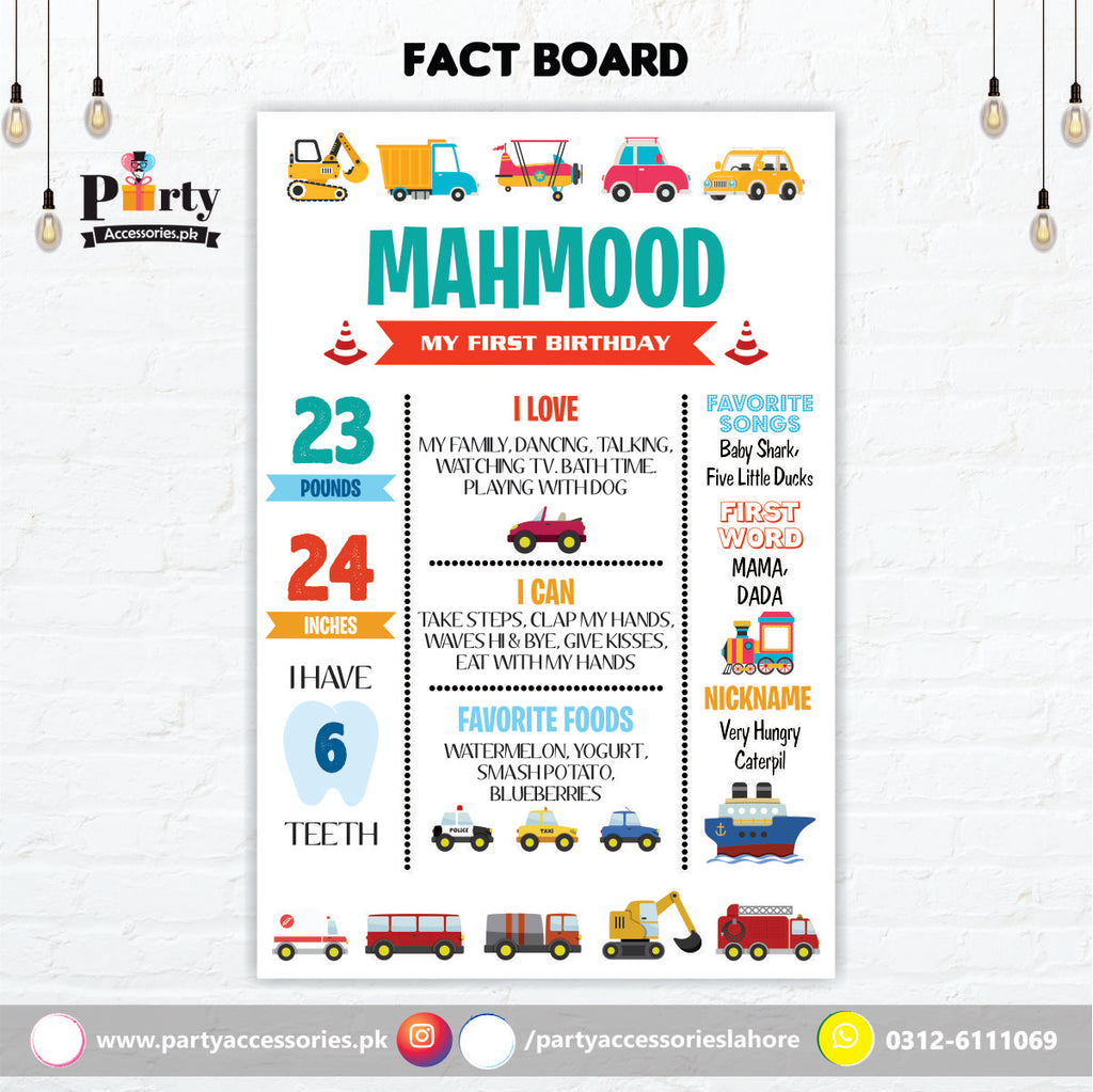 Customized Transport theme first birthday Fact board / Milestone Board in White