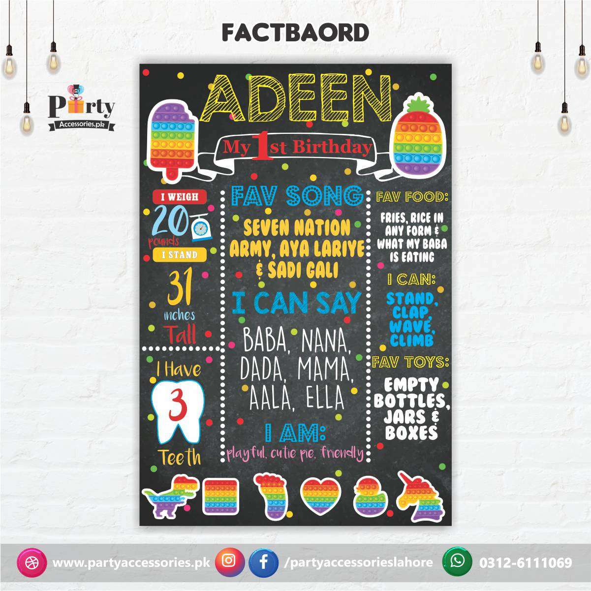 Customized Pop It Party theme Fact board / Milestone Board / Chalkboard