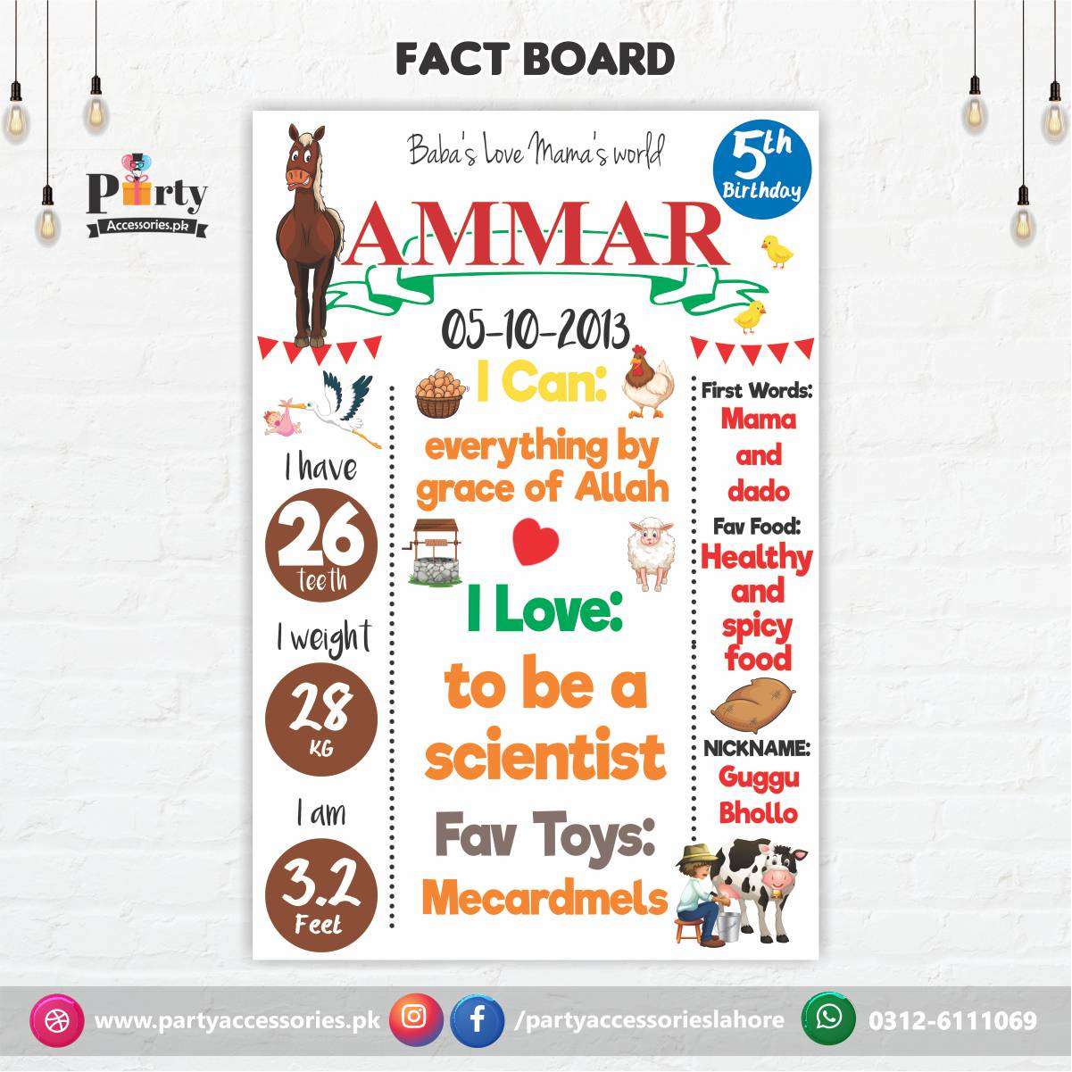 Customized Farm animals theme birthday Fact board / Milestone Board