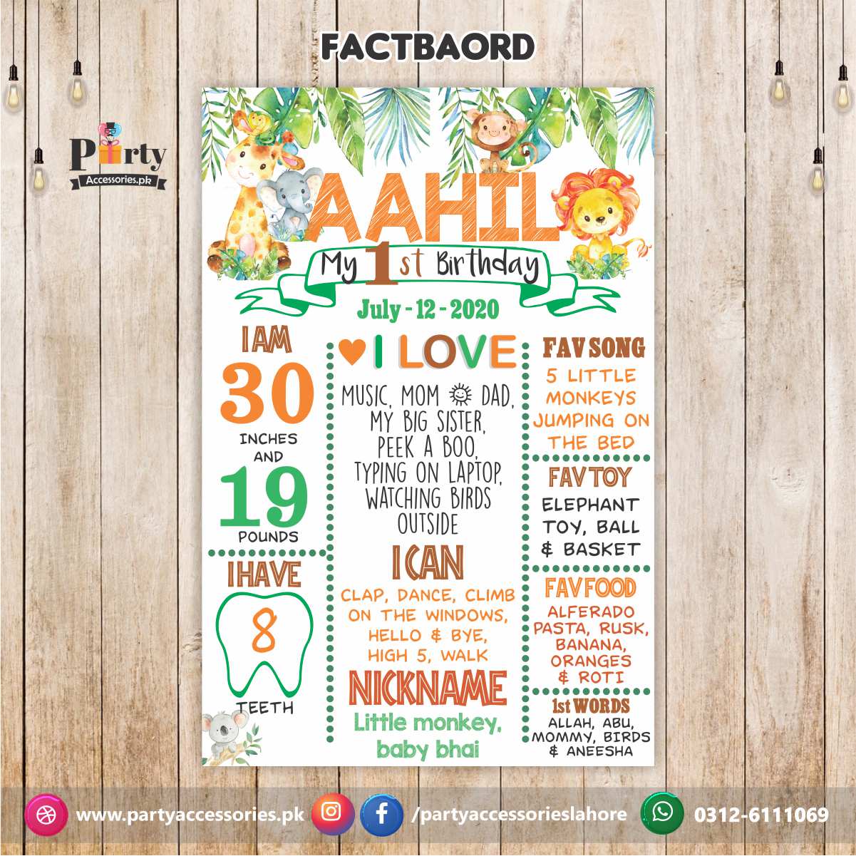 Customized Wild One theme birthday Fact board / Milestone Board in White