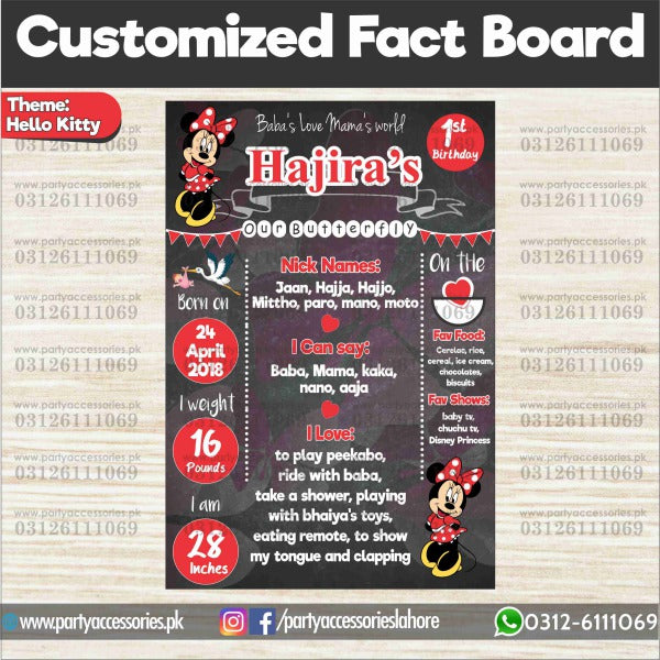 Customized Minnie Mouse theme first birthday Fact board / Milestone Board