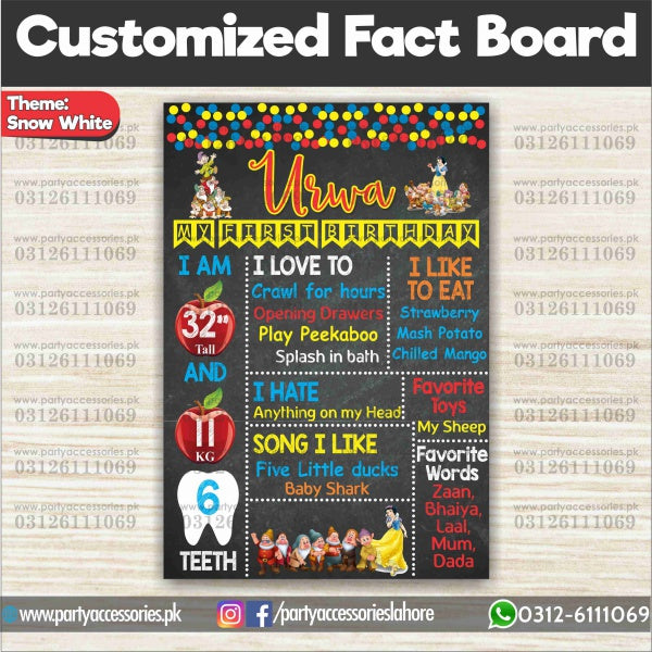 Customized Snow White Theme birthday Fact board / Milestone Board