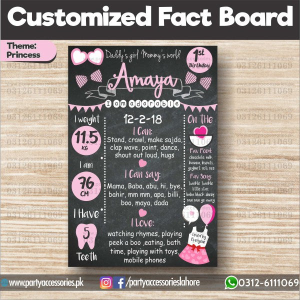 Customized Disney Princess theme first birthday Fact board / Milestone Board