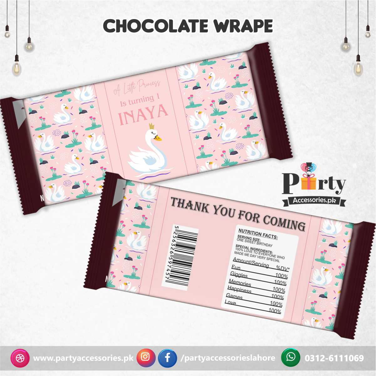 Customized chocolate wraps in Swan birthday theme