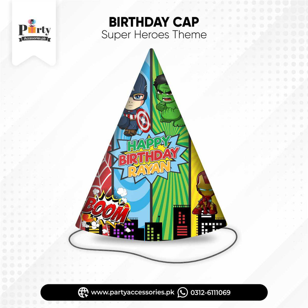 Cone shape caps in Superheros theme birthday party