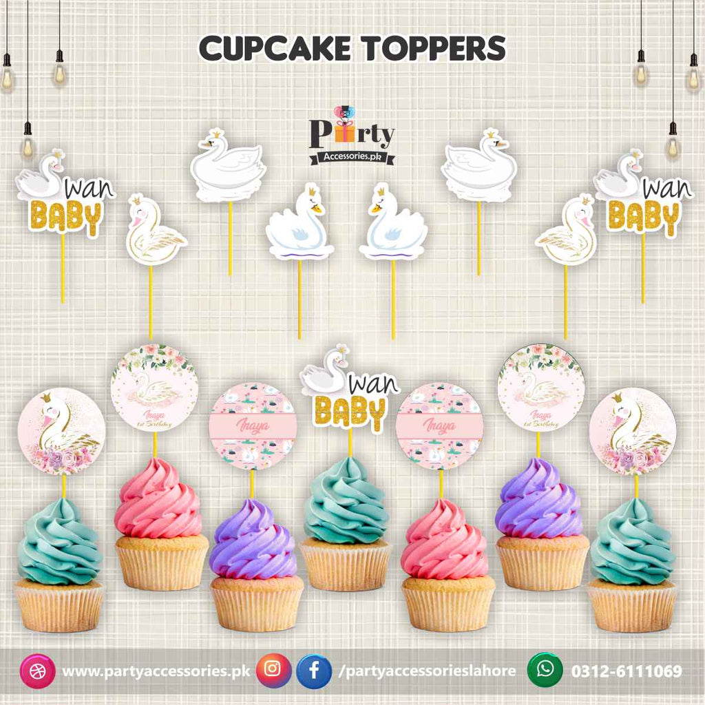 Swan theme birthday party cupcake toppers set