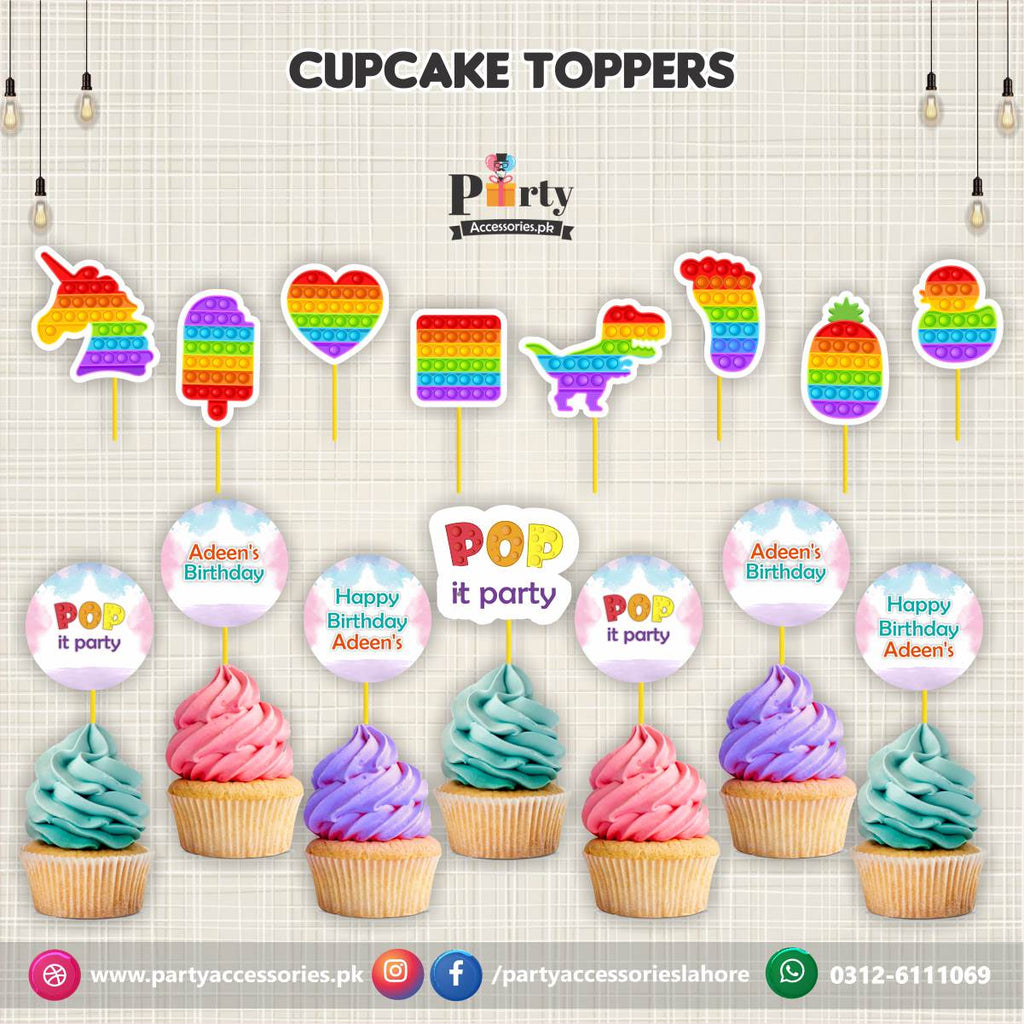 Pop It Party theme birthday cupcake toppers set cutouts