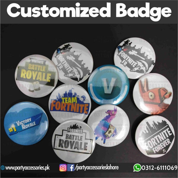 Customized Fortnite theme button badges for birthday parties