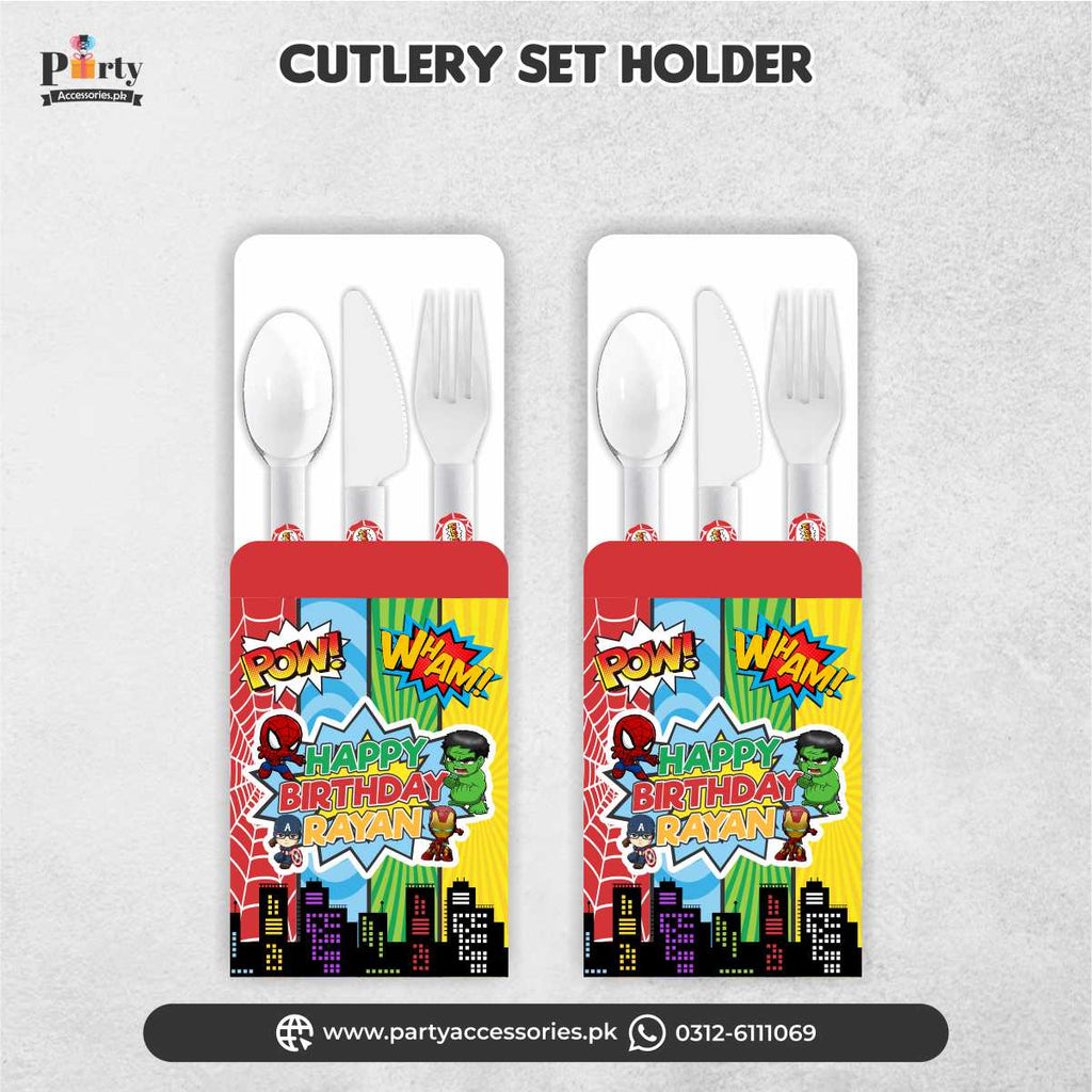 super heroes theme cutlery set with holder / jackets 