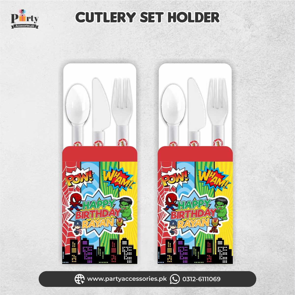 super heroes theme cutlery set with holder / jackets 
