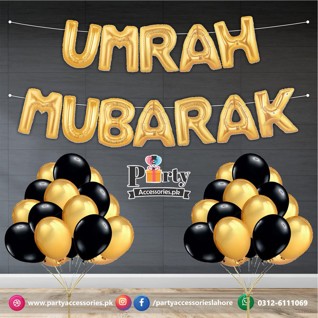 Umrah Mubarak Gold Foil Balloons & Black/White Paper Fans Decorations