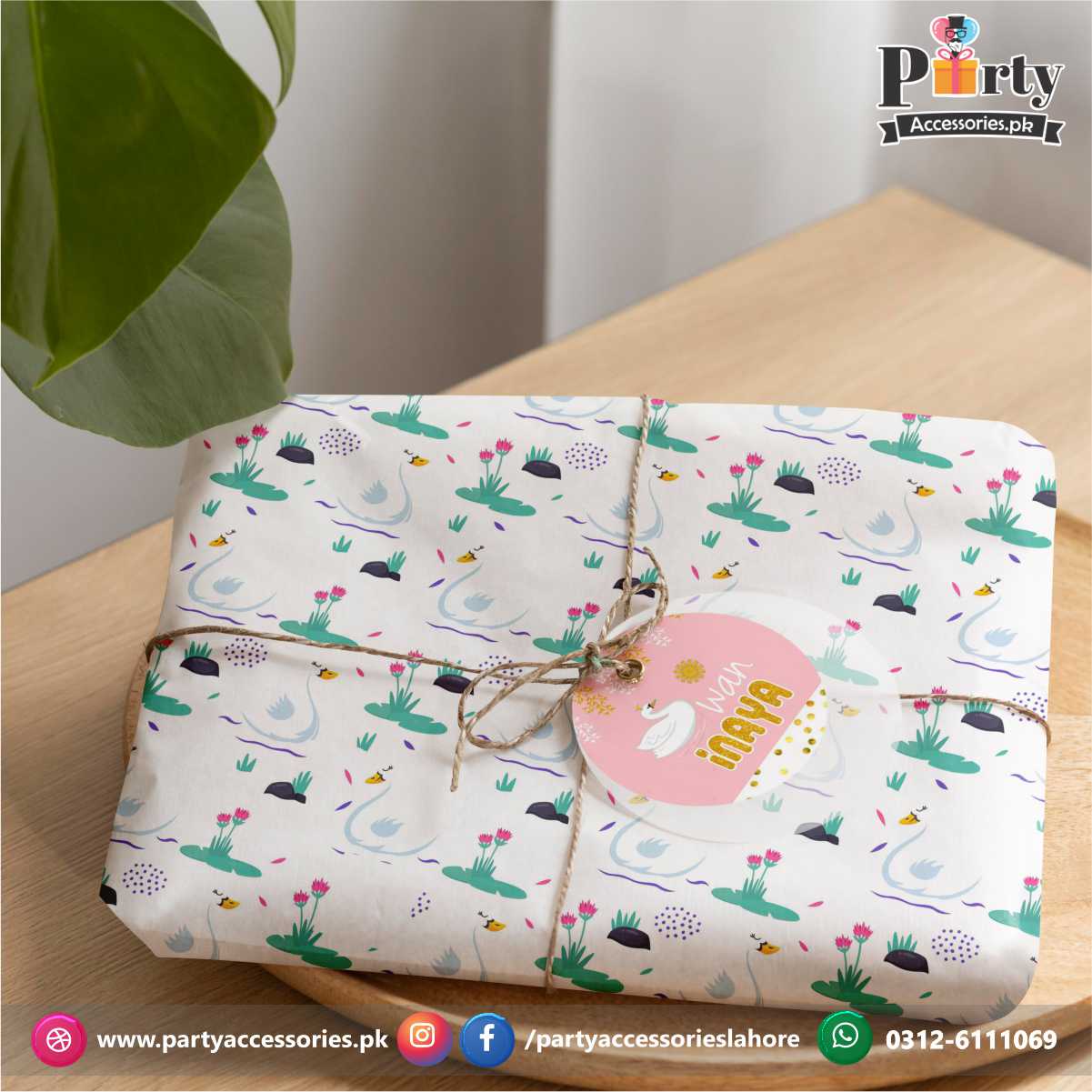 Swan theme Party Gift Wrapping Sheets with a tag