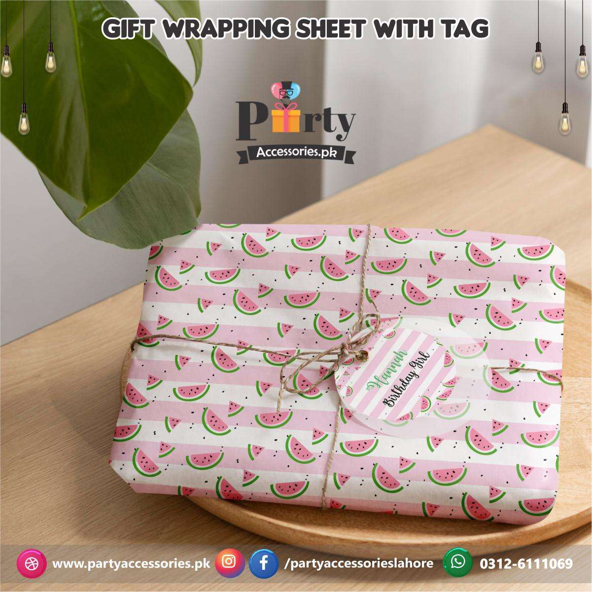 Gift Wrapping Sheet With a Tag And Jute Ribbon In One in a Melon Theme Party | Pink