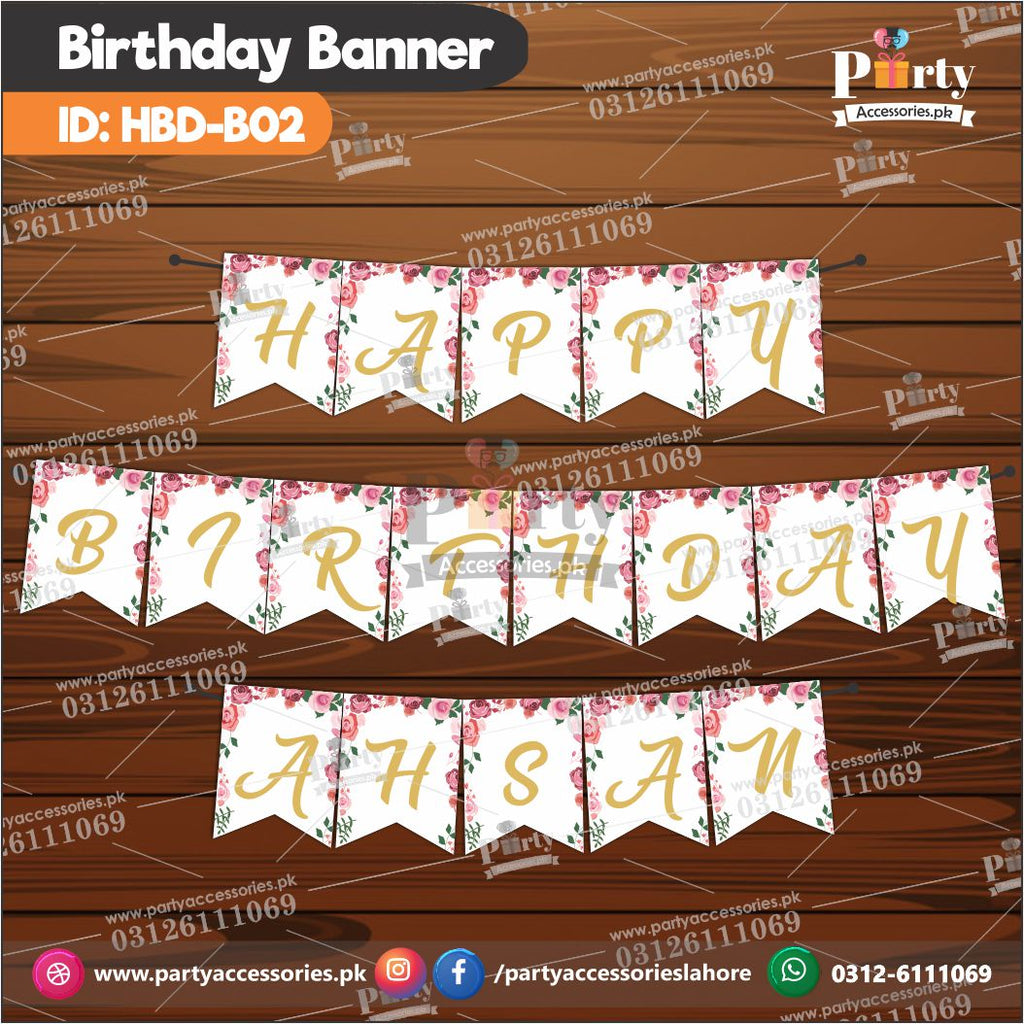 Happy birthday bunting banner white floral HBD-02