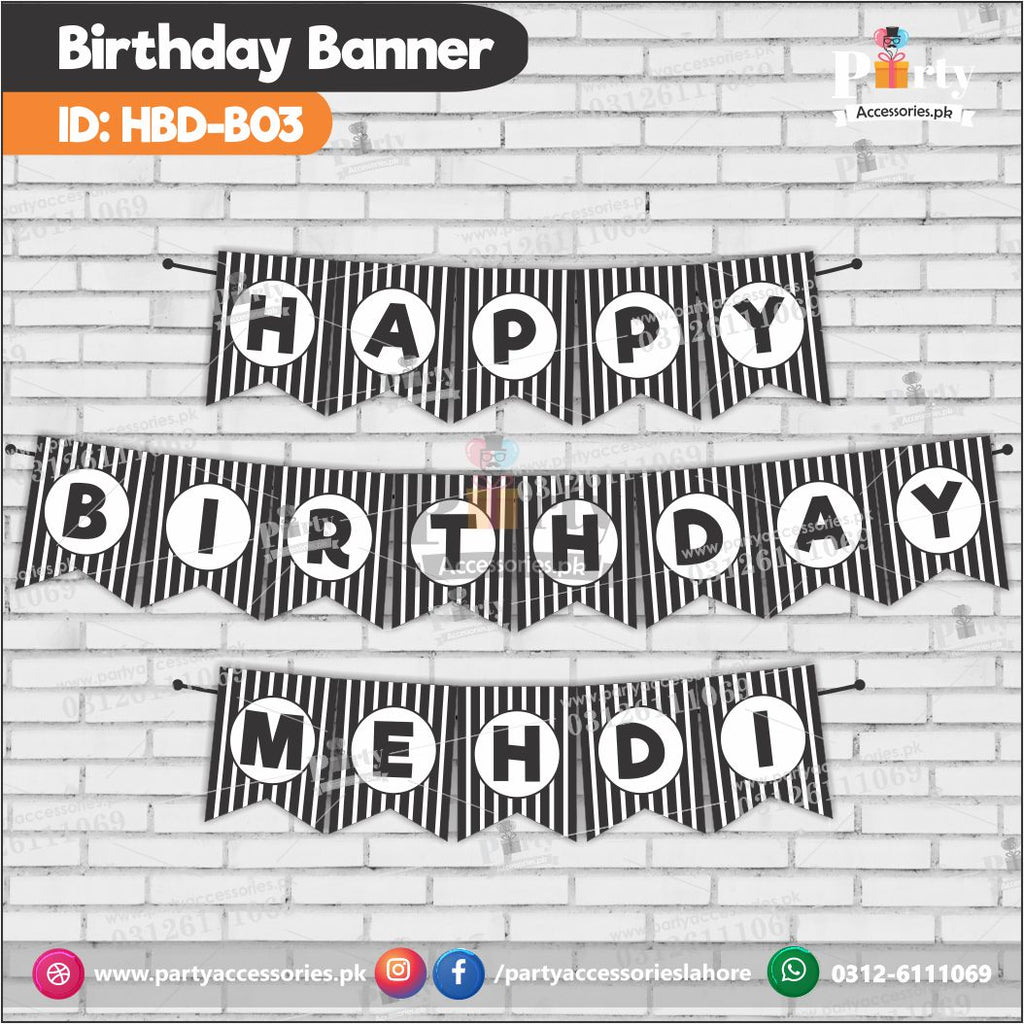 Happy birthday bunting banner black white stripes HBD-03