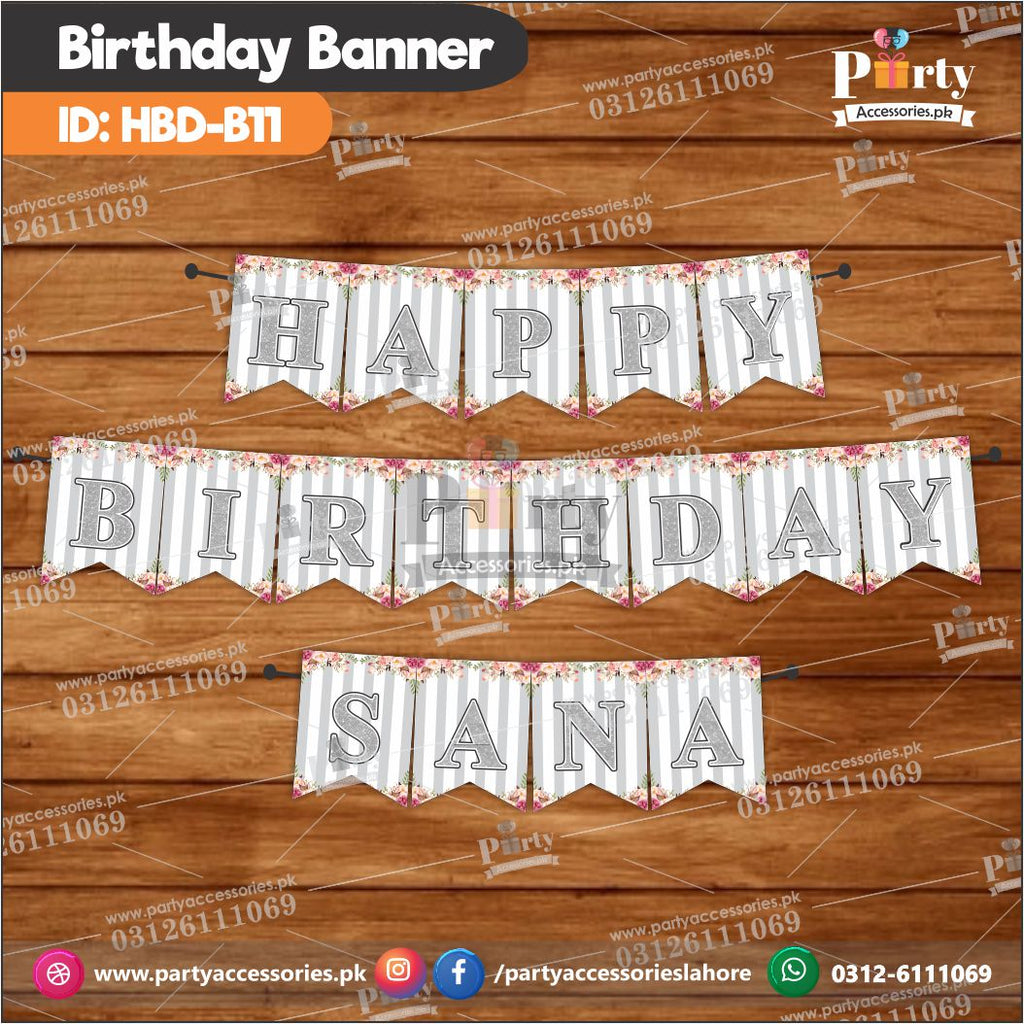 Happy birthday bunting banner grey Floral