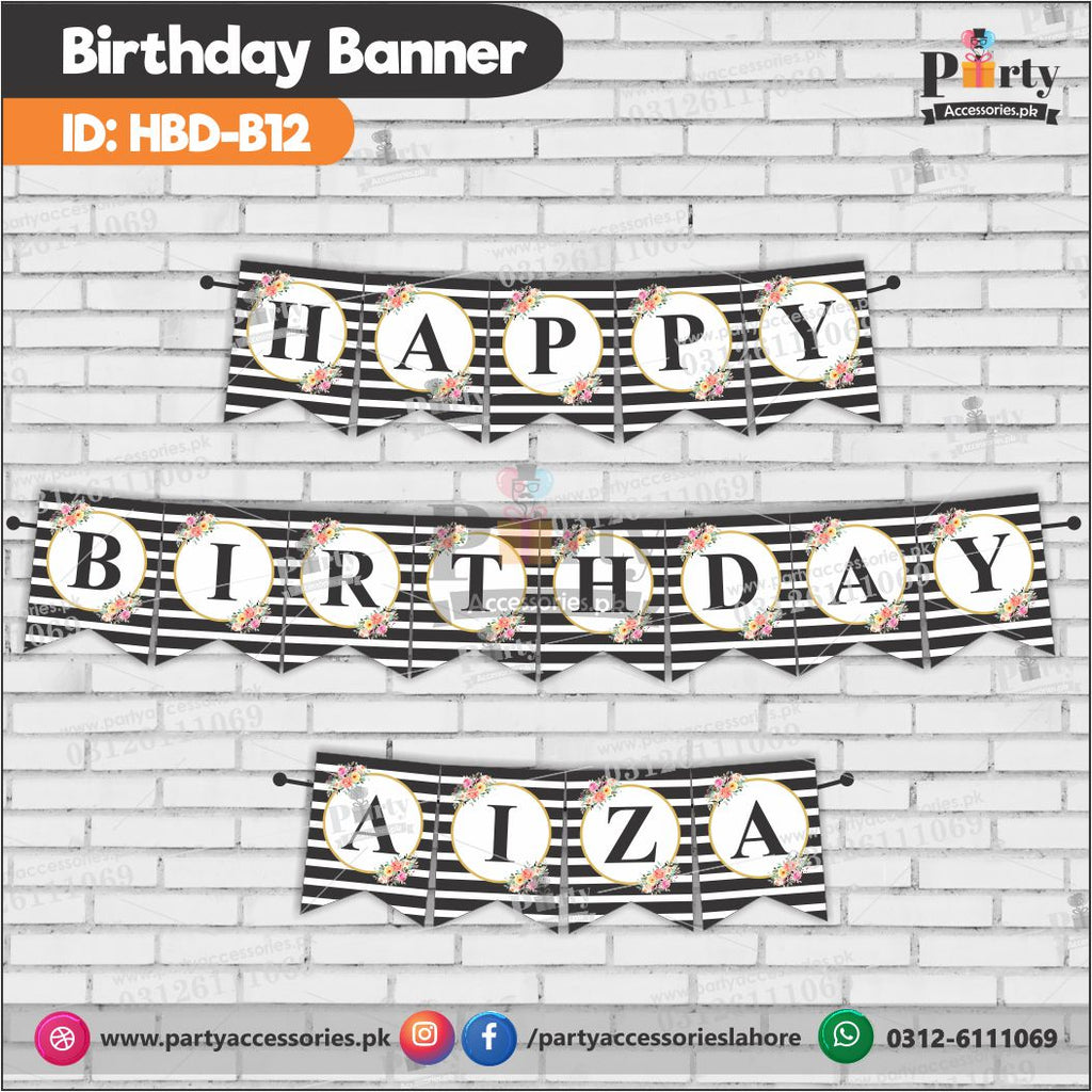 Happy birthday bunting banner stripes Floral HBD-12
