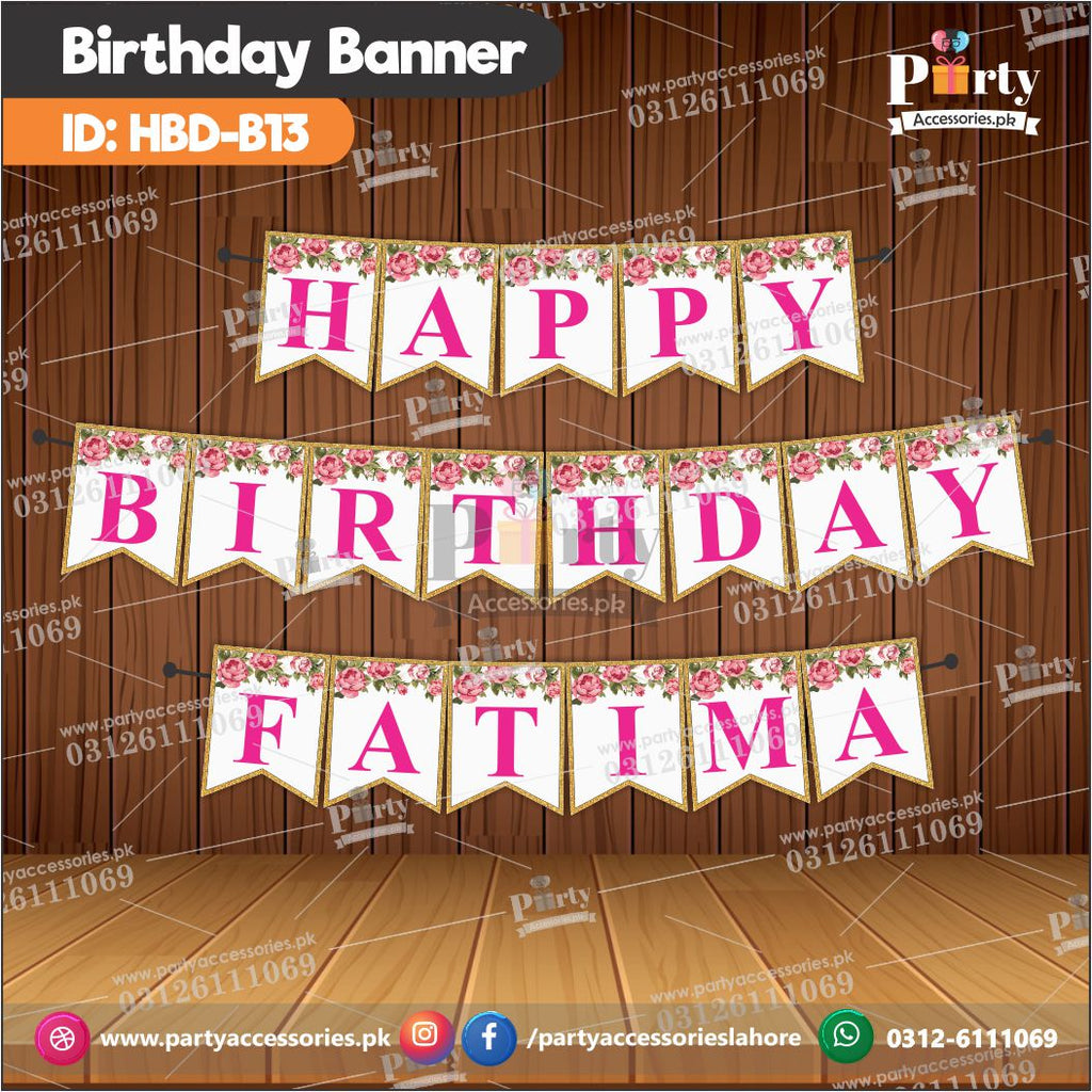 Happy birthday bunting banner white pink floral HBD-13