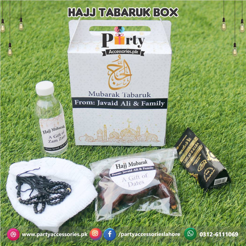 Customized Hajj Tabaruk Packaging | Hajj Giveaway Packaging in White 