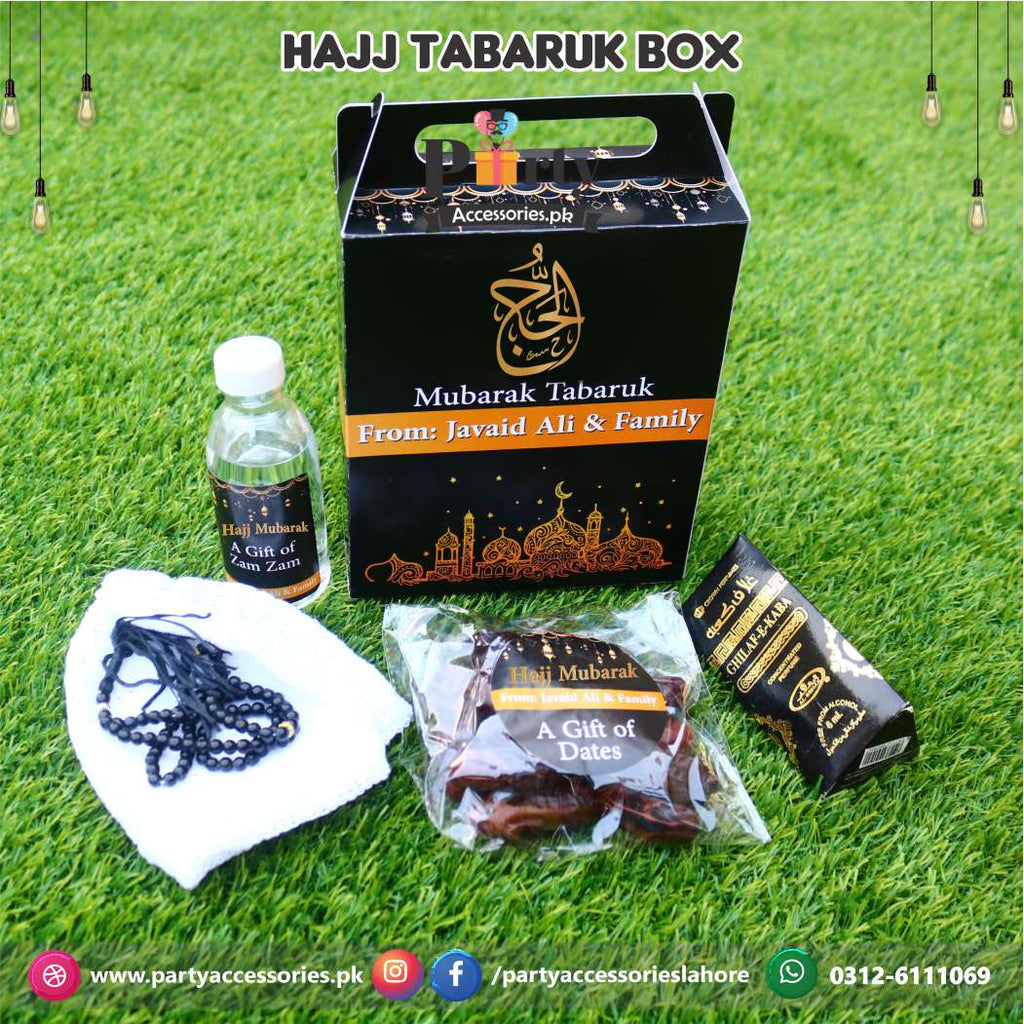 Customized Hajj Tabaruk Packaging | Hajj Giveaway Packaging in Black 