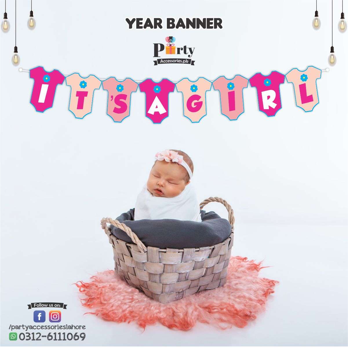 Customized Romper shaped ITS A GIRL bunting banner in Pink color