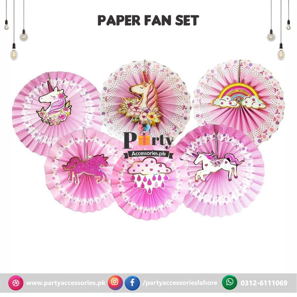 Paper Fan Party decoration set Unicorn themed colored backdrop