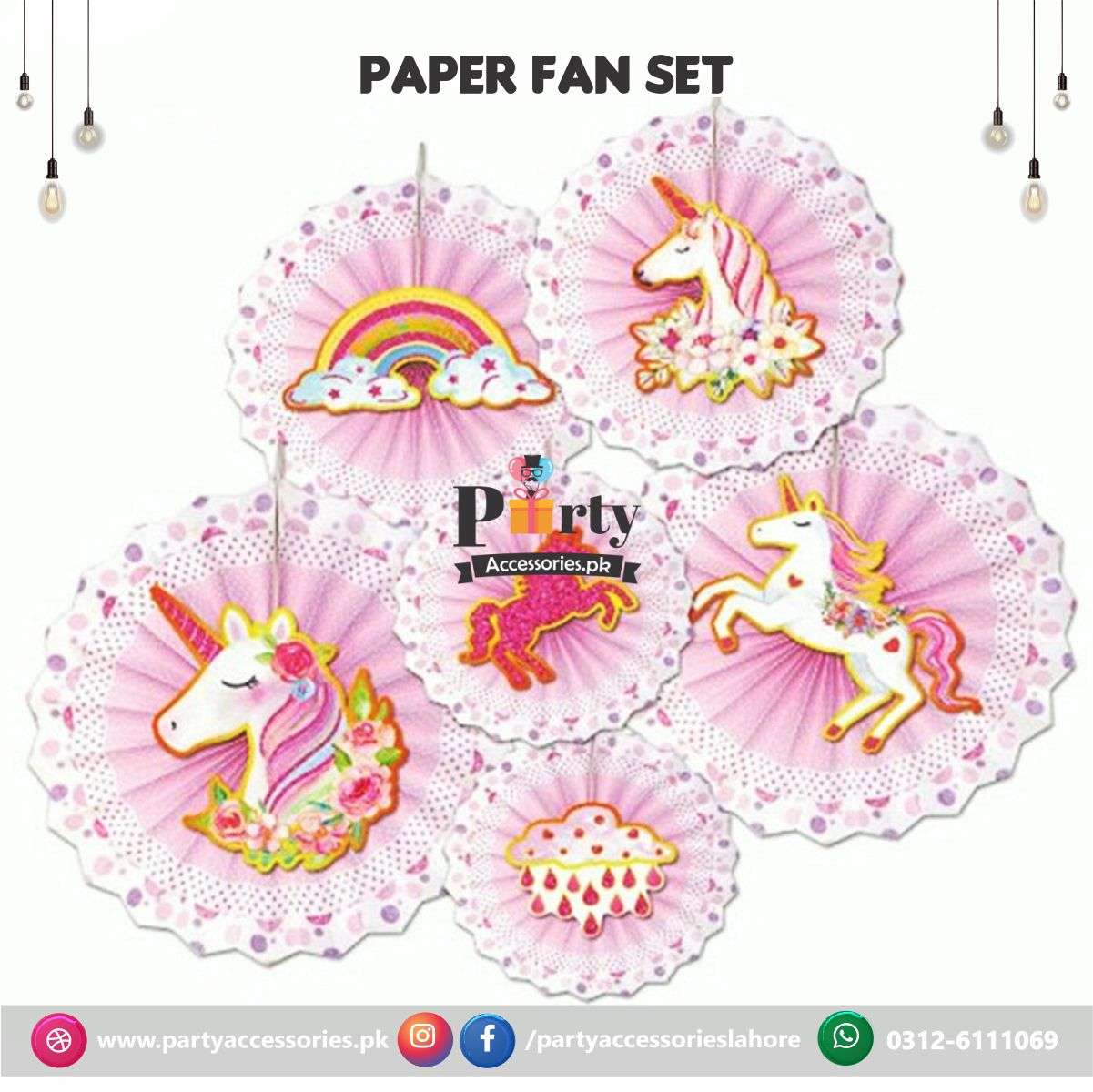 Paper Fan Party decoration set Unicorn themed colored backdrop