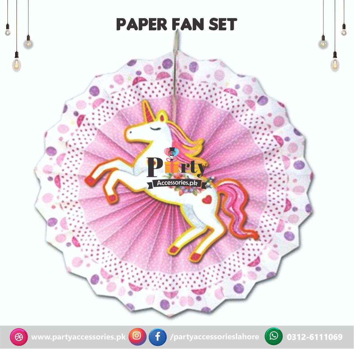 unicorn birthday theme paper fan set