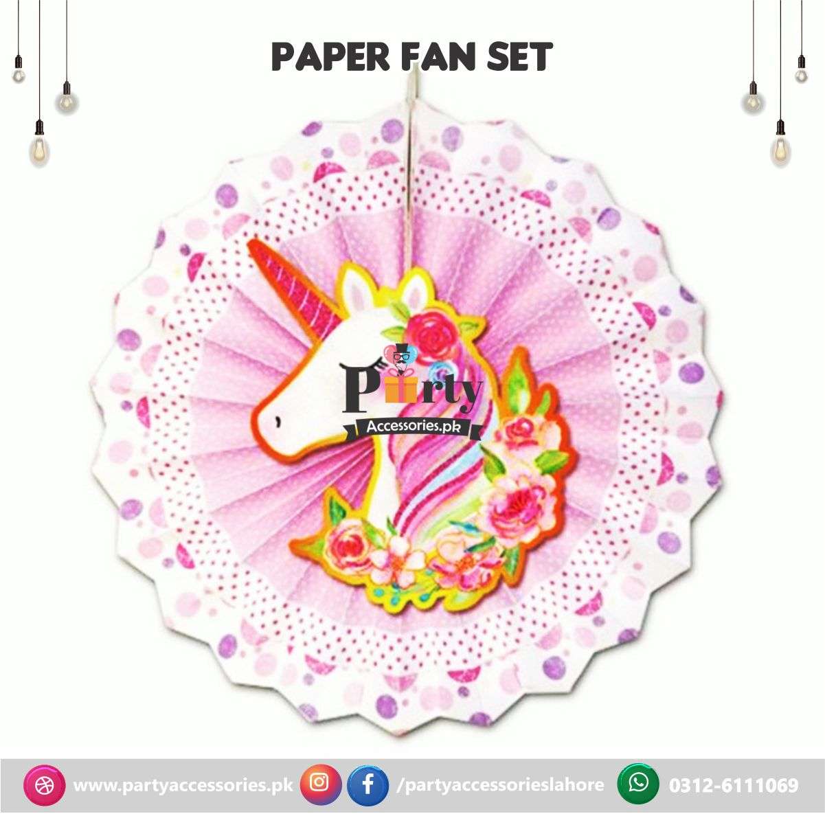 Paper Fan Party decoration set Unicorn themed colored backdrop