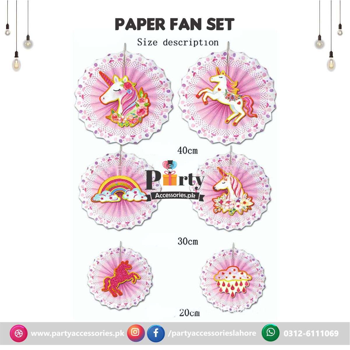 unicorn birthday theme paper fan set