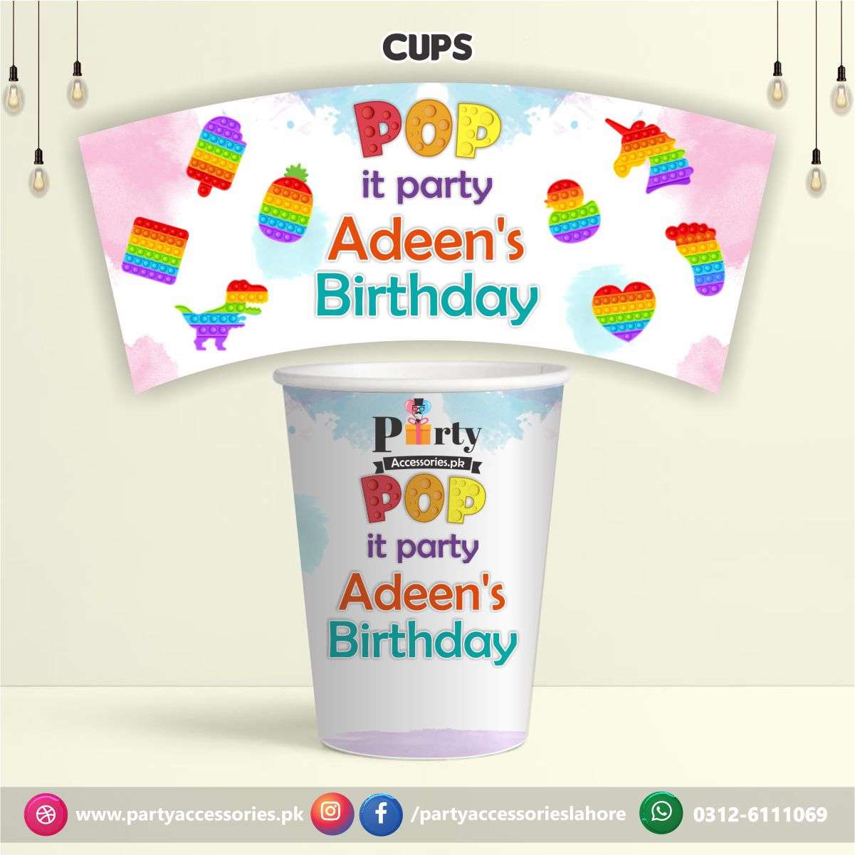 Customized disposable Paper CUPS for Pop It Party theme party