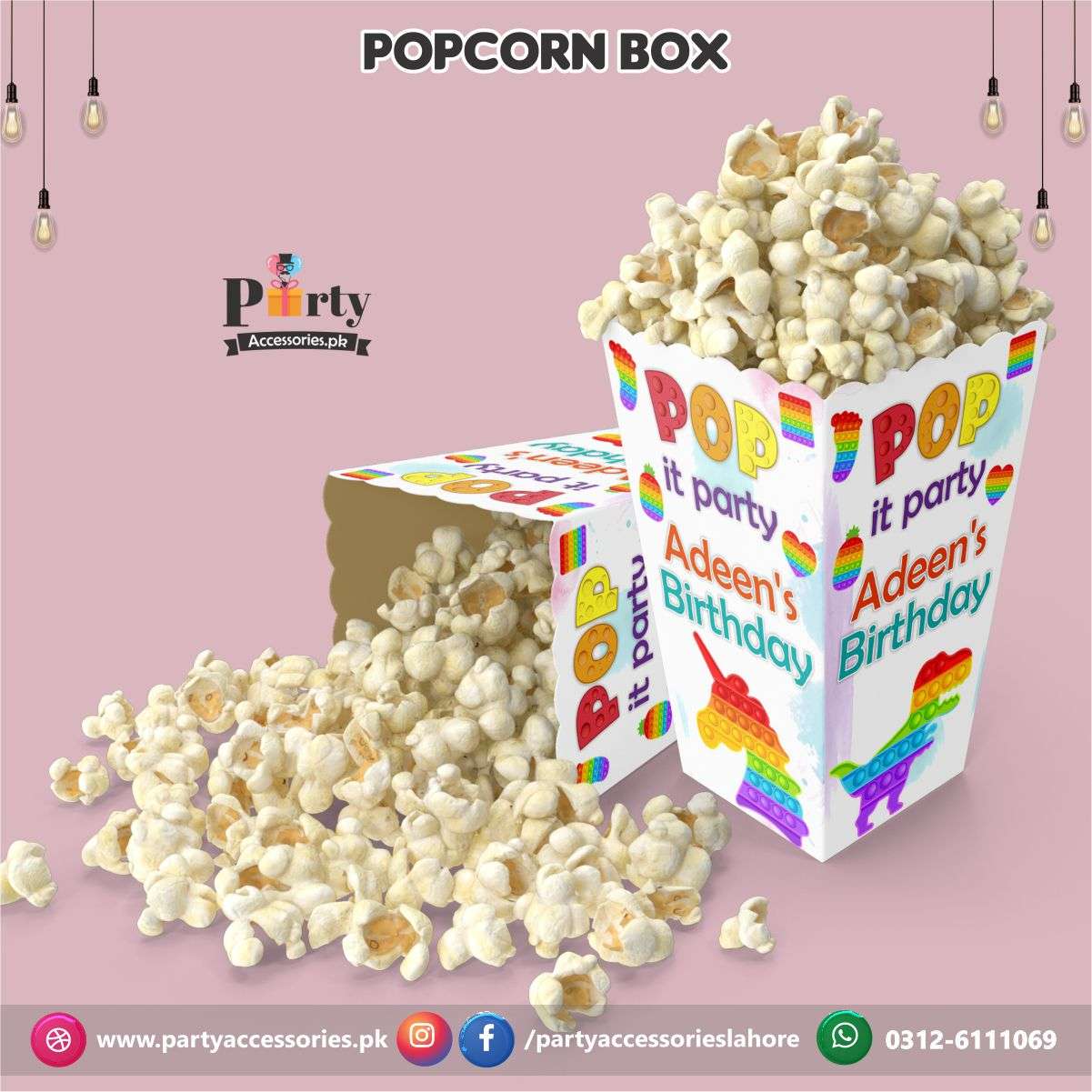 Customized Popcorn boxes for Pop It Party themed birthday party