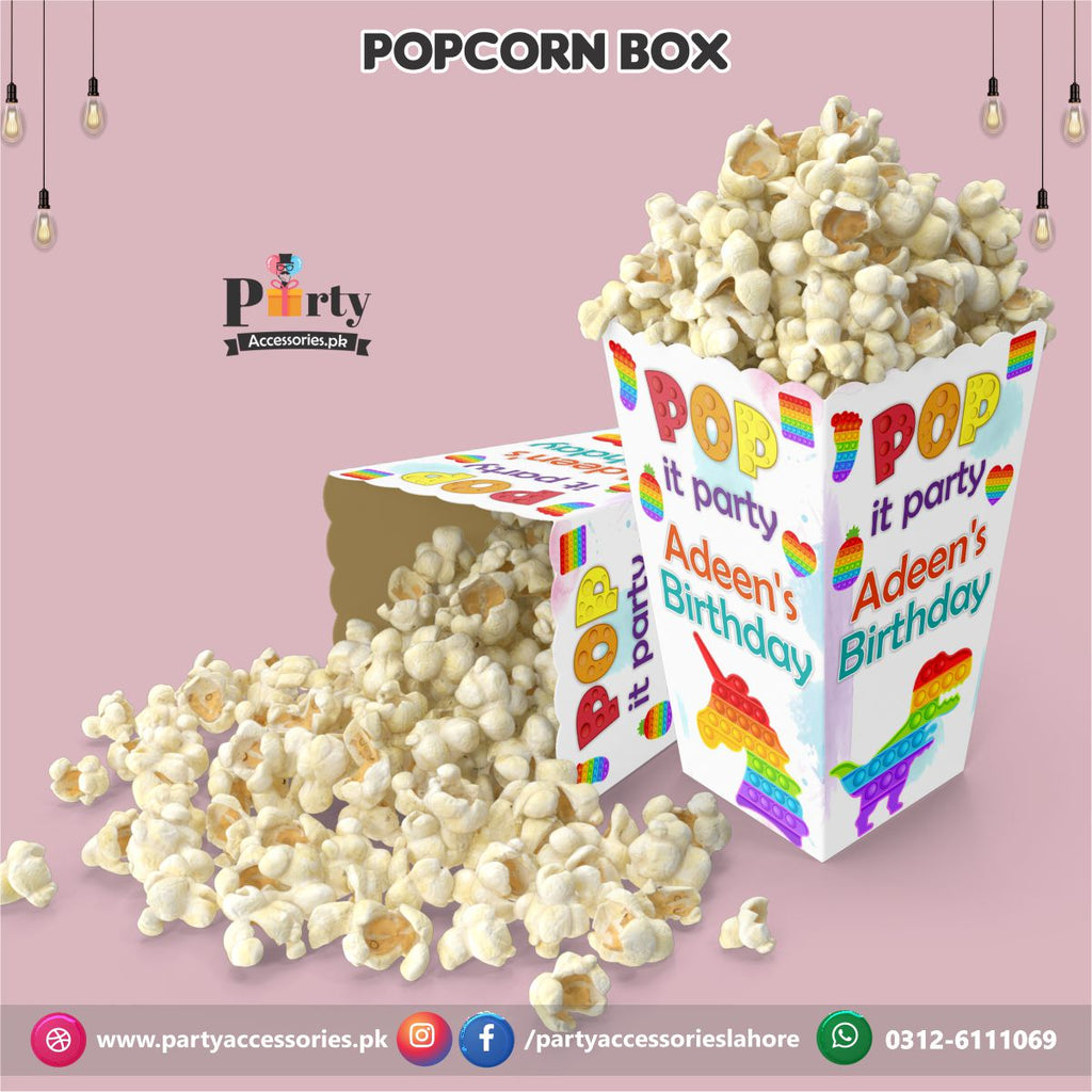 Customized Popcorn boxes for Pop It Party themed birthday party