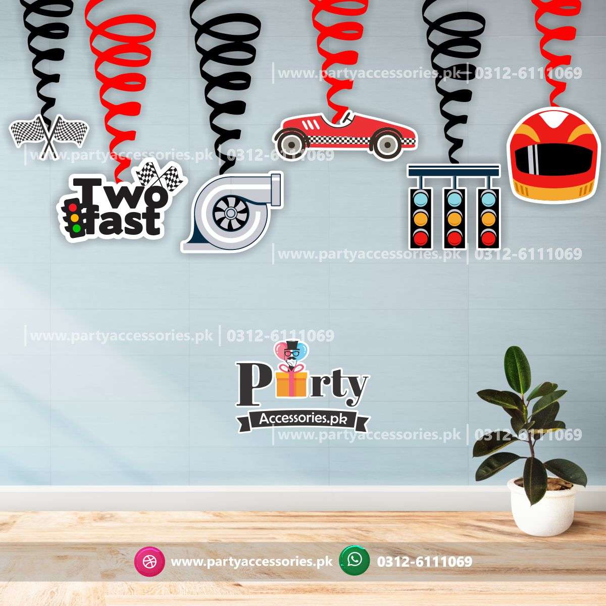 Two Fast birthday theme spiral hangings 
