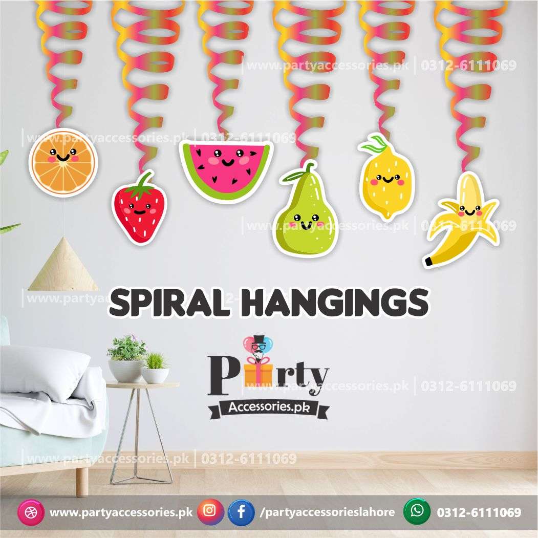 Spiral Hanging swirls in Tutti Fruiti theme birthday party decorationsSpiral Hanging swirls in Tutti Fruiti theme birthday party decorations