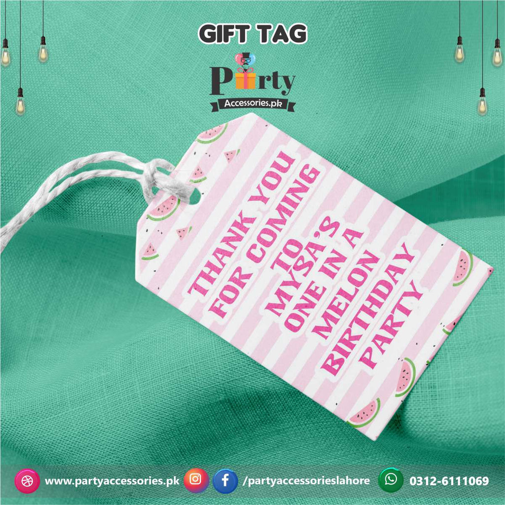 Gift / Thank you tags in One in a melon theme Birthday Party