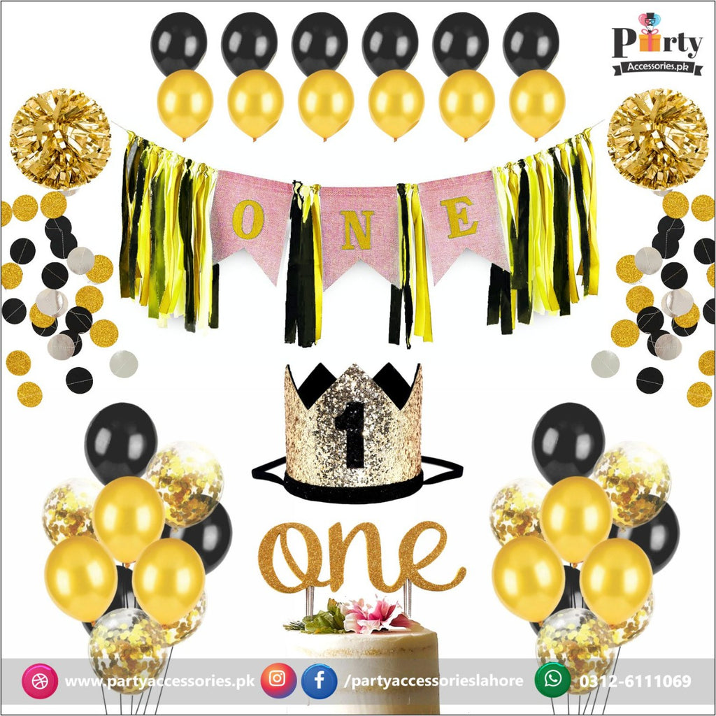 First Birthday DIY deal in Black and golden backdrop kit with banner balloons cake topper