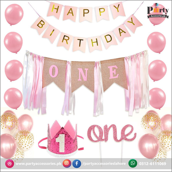 First Birthday DIY deal for baby girl in pink backdrop kit with banner balloons cake topper