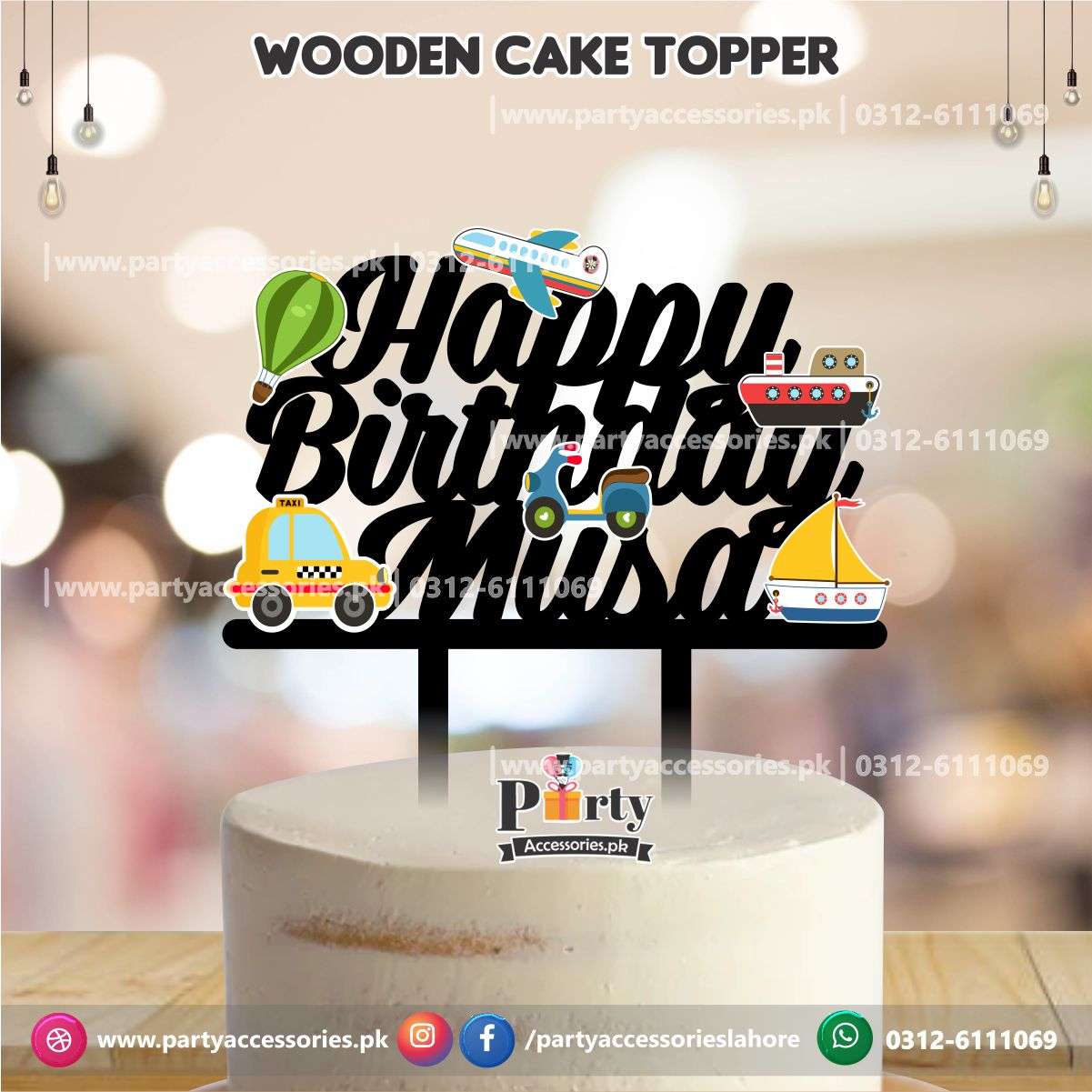 Transport theme cake topper customized on wooden