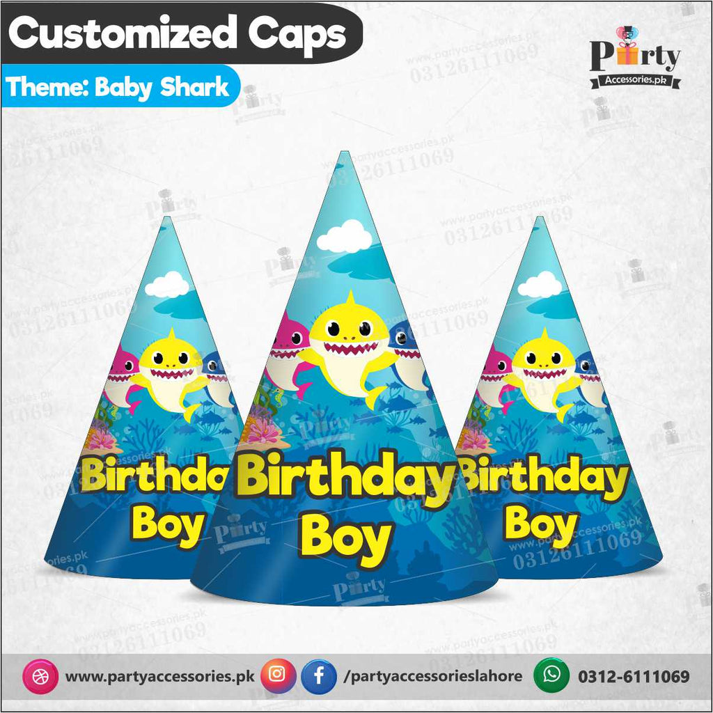 Customized Cone shape caps for baby shark theme birthday party