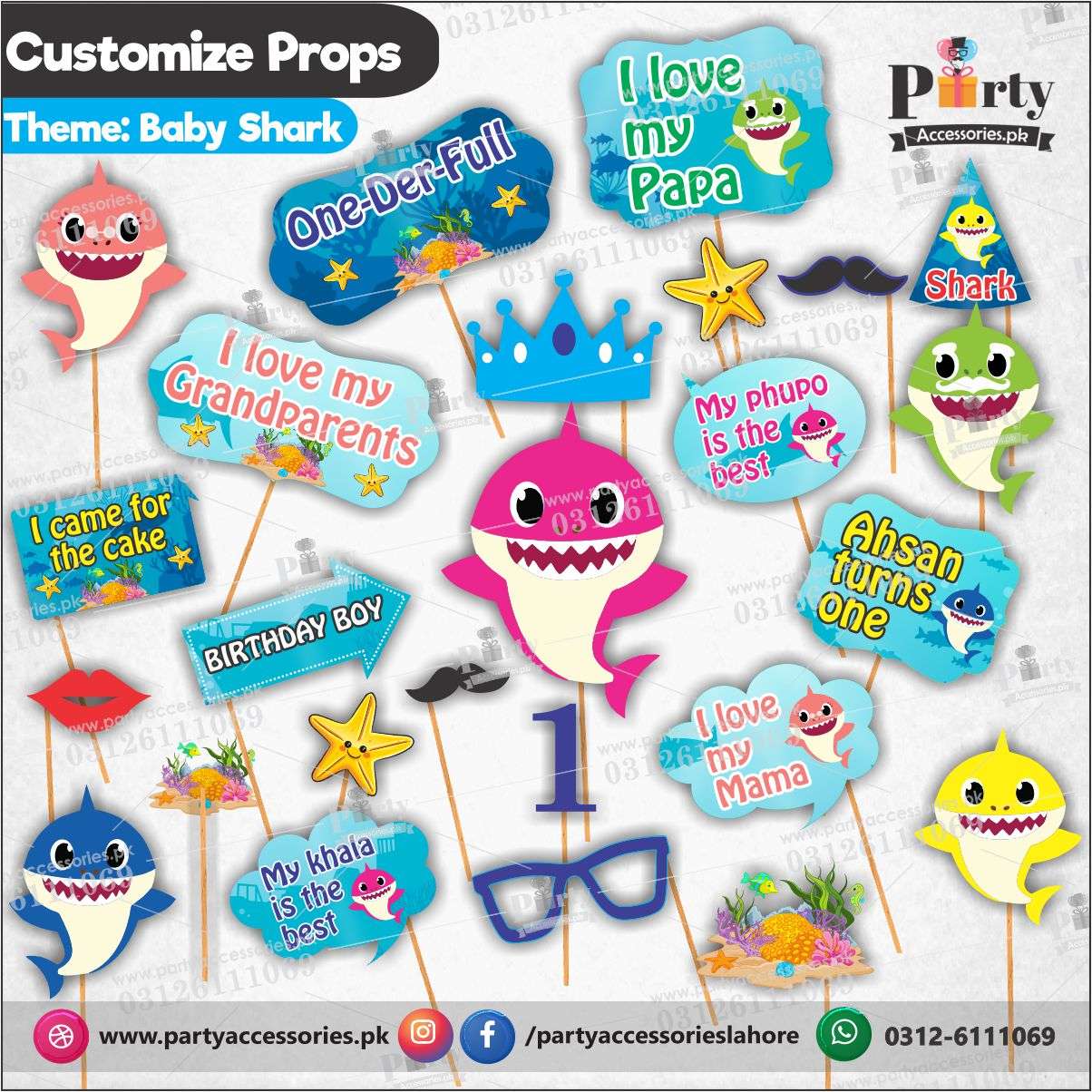 Customized props set for Baby Shark theme birthday party