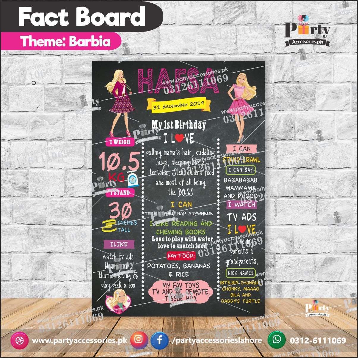 Customized barbie theme first birthday Fact board / Milestone Board amazon ideas