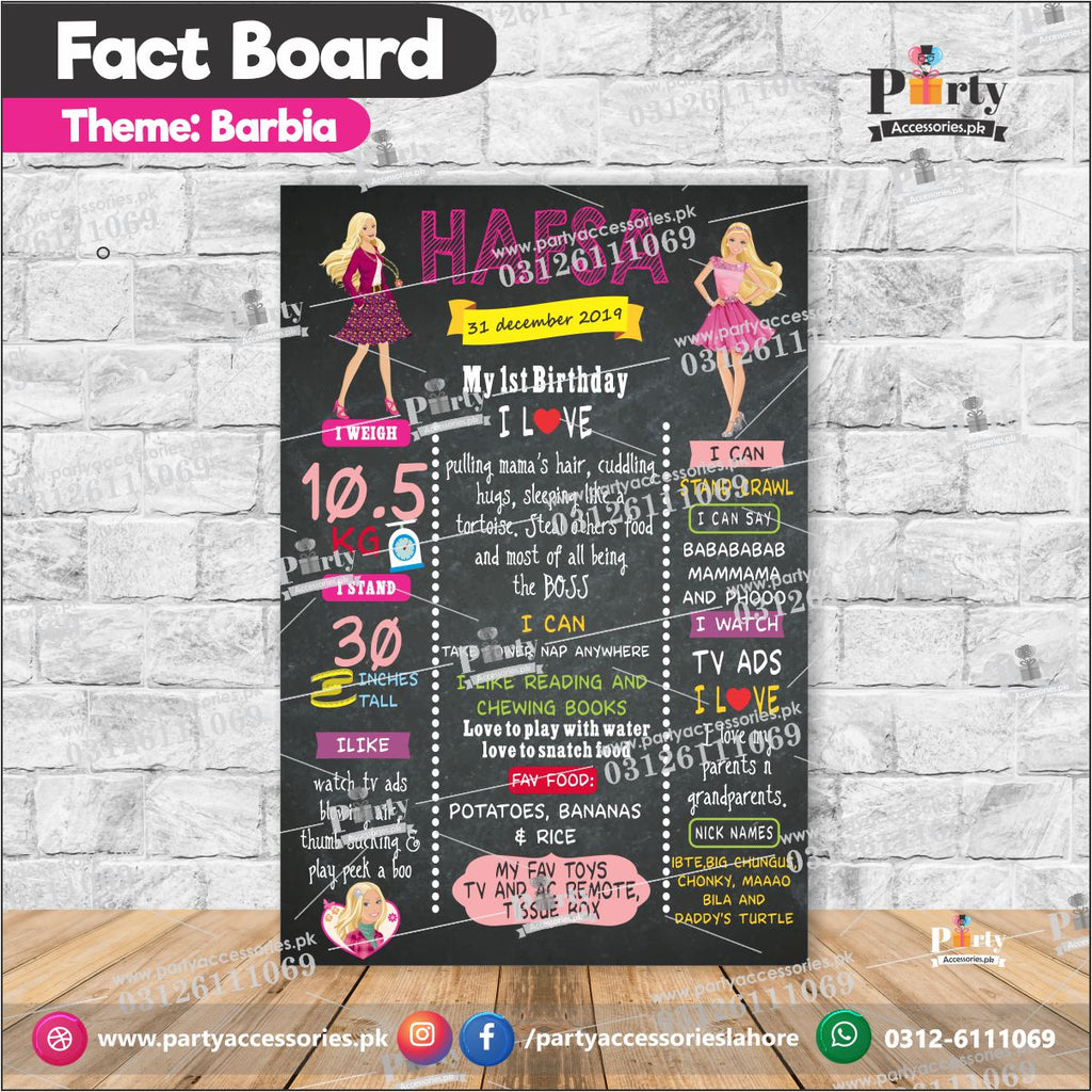 Customized barbie theme first birthday Fact board / Milestone Board amazon ideas
