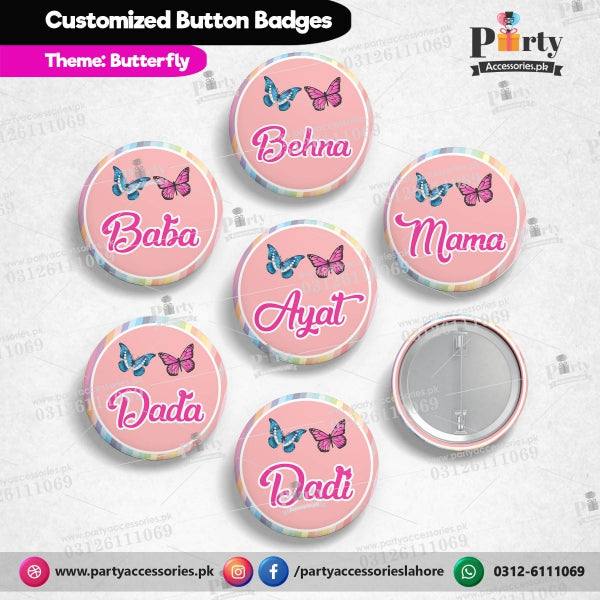 Customized Butterfly theme button badges for birthday parties