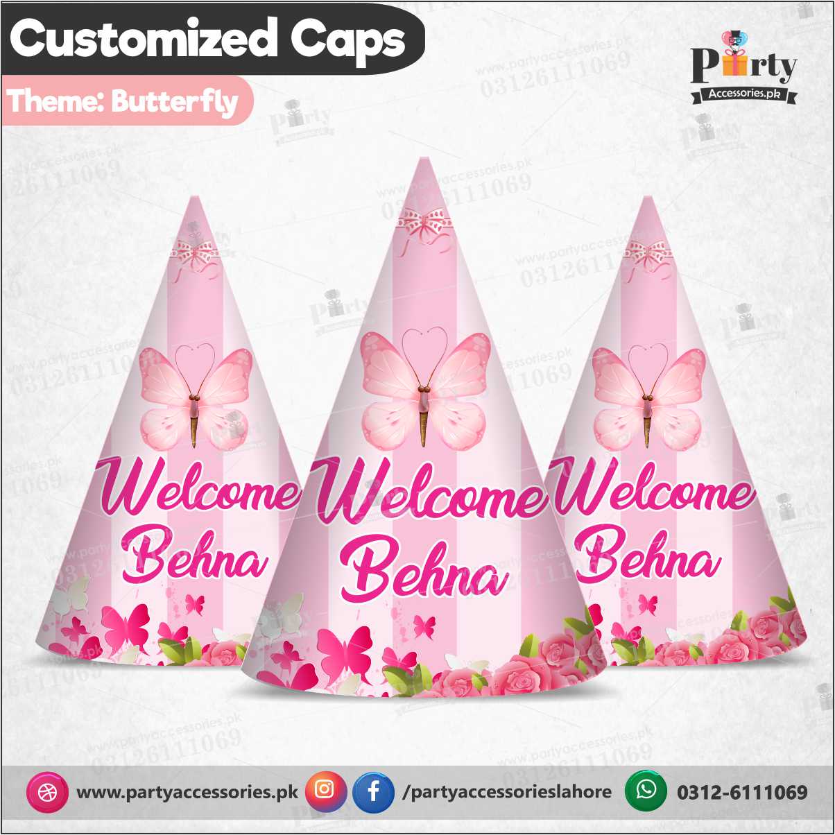 Customized Birthday Party cone shape caps in Butterfly Theme