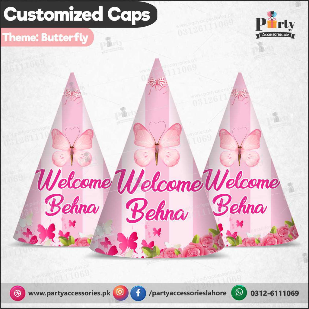 Customized Birthday Party cone shape caps in Butterfly Theme