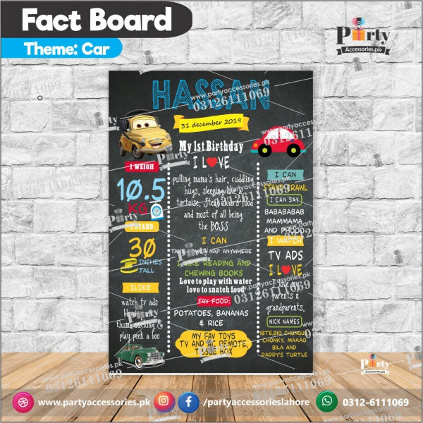 Customized Cars theme first birthday Fact board / Milestone Board